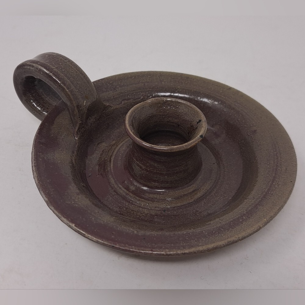 Vintage Candle Holder Candlestick Finger Loop Drip Bowl Signed Ceramic Pottery